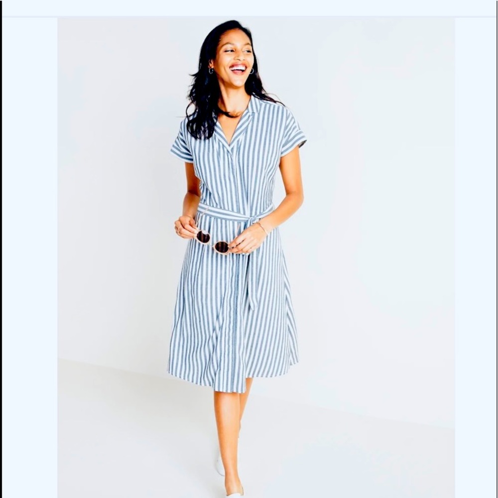 Blue & White Striped Belted Cotton Shirtdress